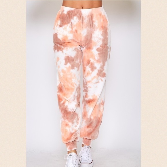 WHITE/PEACH & Brown Tie Dye Long Knit Pants - Picture 1 of 13